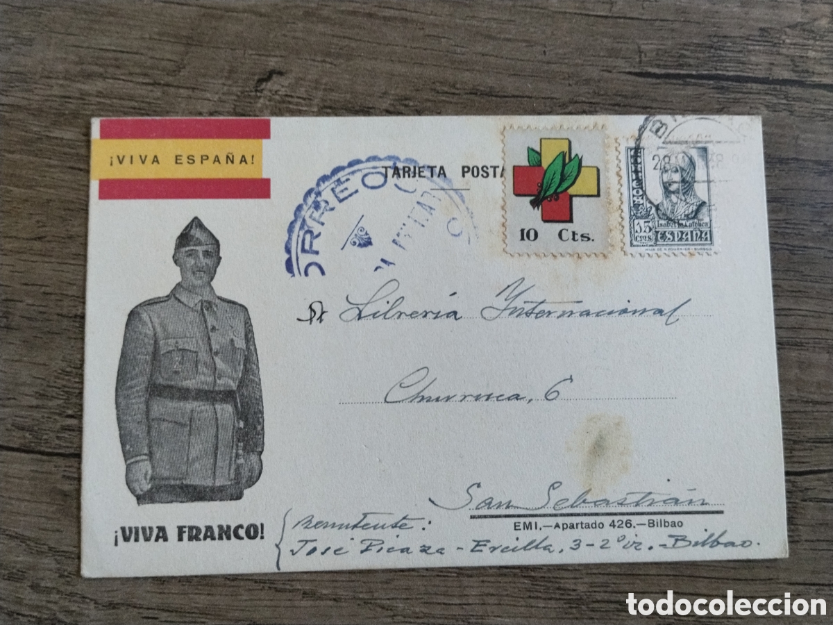 Postales: Postal circulada guerra civil bando nacional.caudillo franco.falange.censura militar.vi&ntilde;etas.euskadi