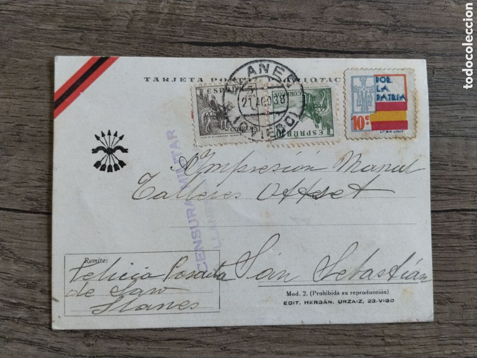 Postales: Postal circulada guerra civil bando nacional.caudillo franco.falange.censura militar.vi&ntilde;etas patriot