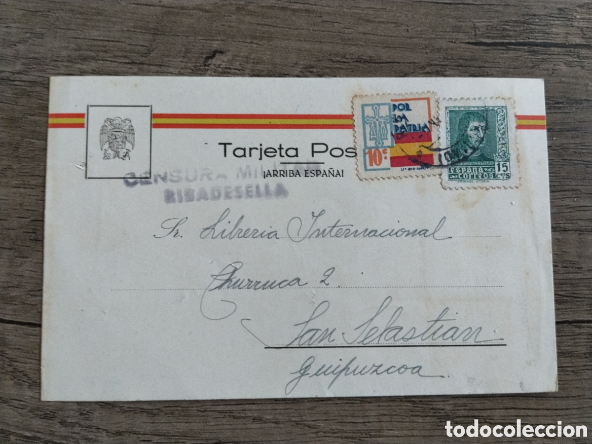 Postales: Postal circulada guerra civil bando nacional.caudillo franco.falange.censura militar.vi&ntilde;etas patriot