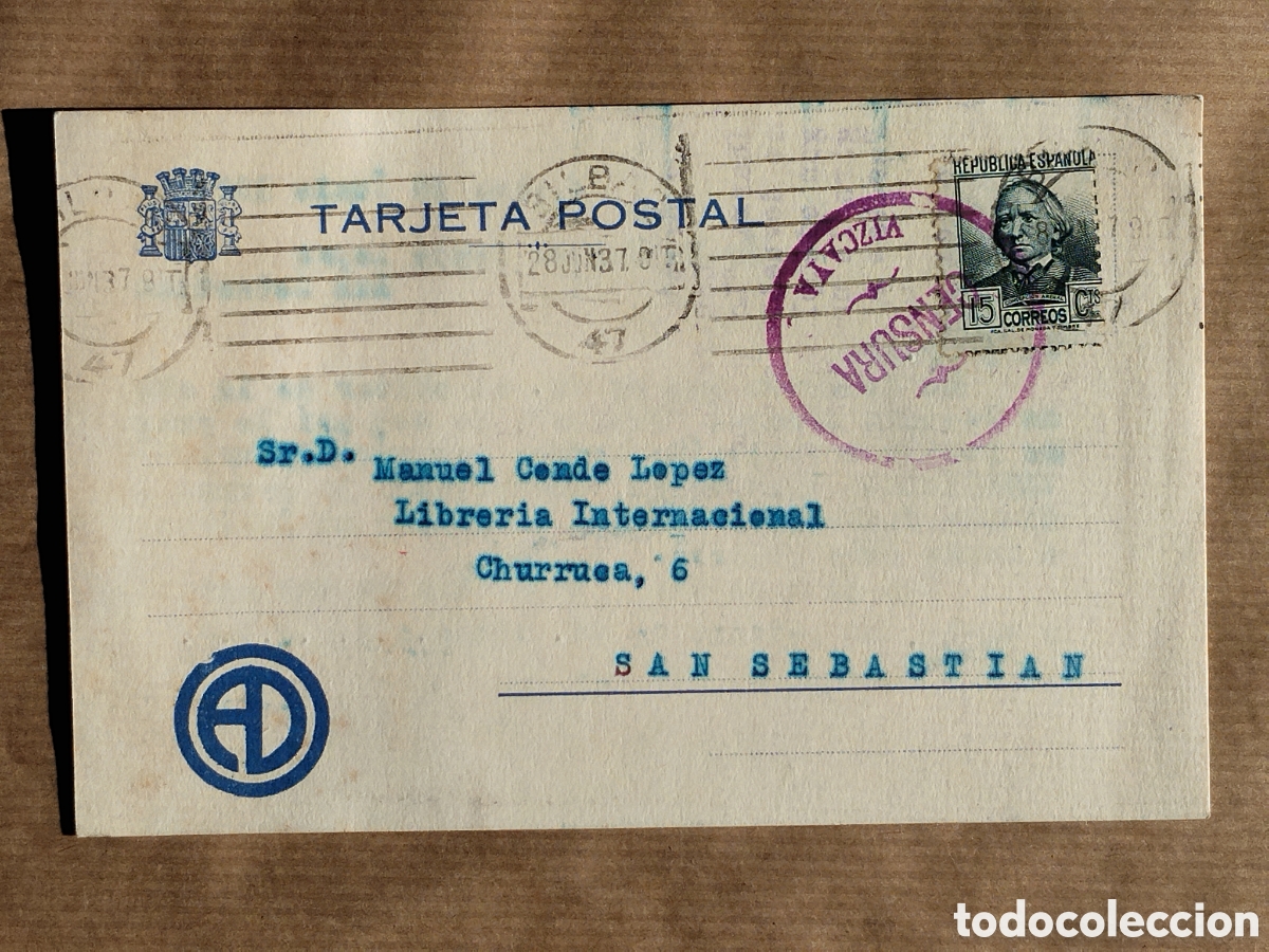 Postales: Postal circulada guerra civil bando nacional.falange.censura militar Vizcaya.vi&ntilde;etas.euskadi.franco