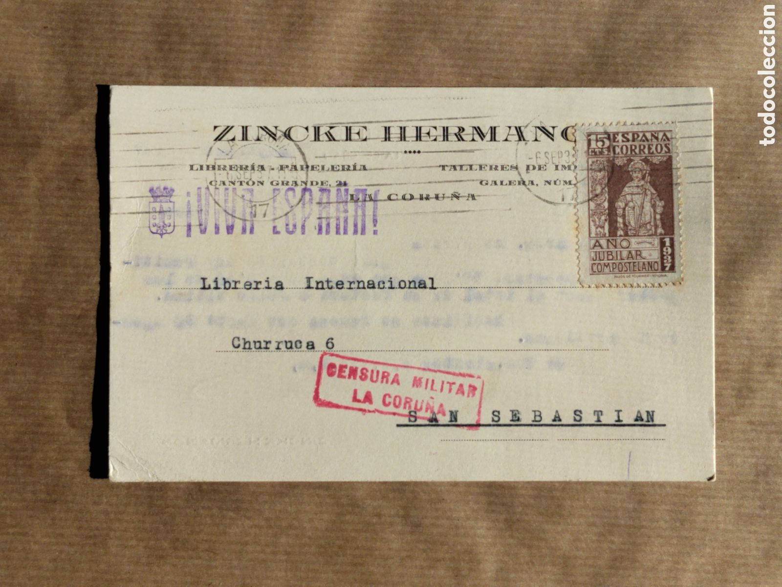 Postales: Postal circulada guerra civil bando nacional.falange.censura militar A Coru&ntilde;a.vi&ntilde;etas.euskadi.franco