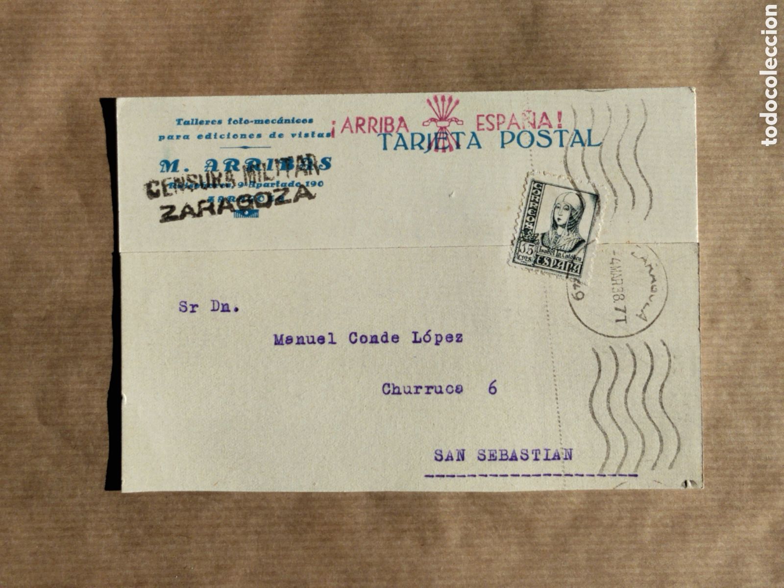 Postales: Postal circulada guerra civil bando nacional.falange.censura militar Zaragoza.vi&ntilde;etas.euskadi.franco