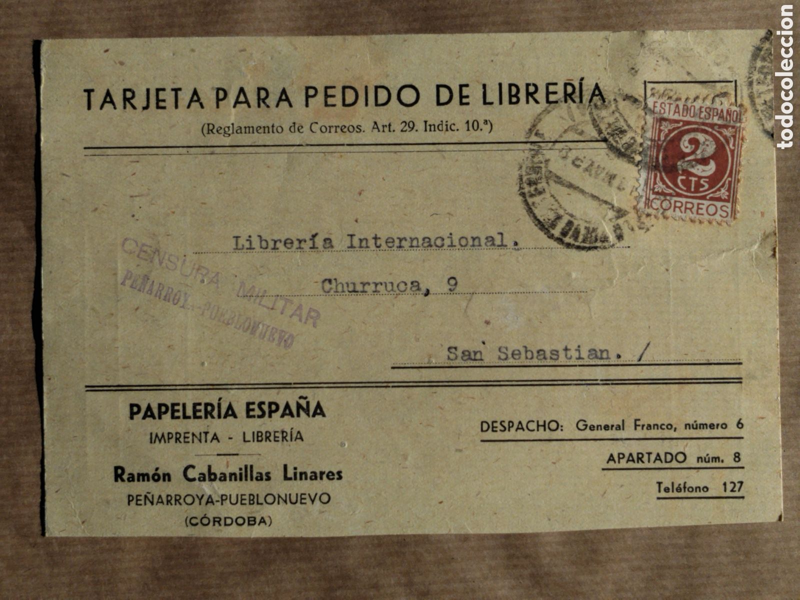 Postales: Postal circulada guerra civil bando nacional.falange.censura militar Pe&ntilde;arroya/pueblonuevo.cordoba.f