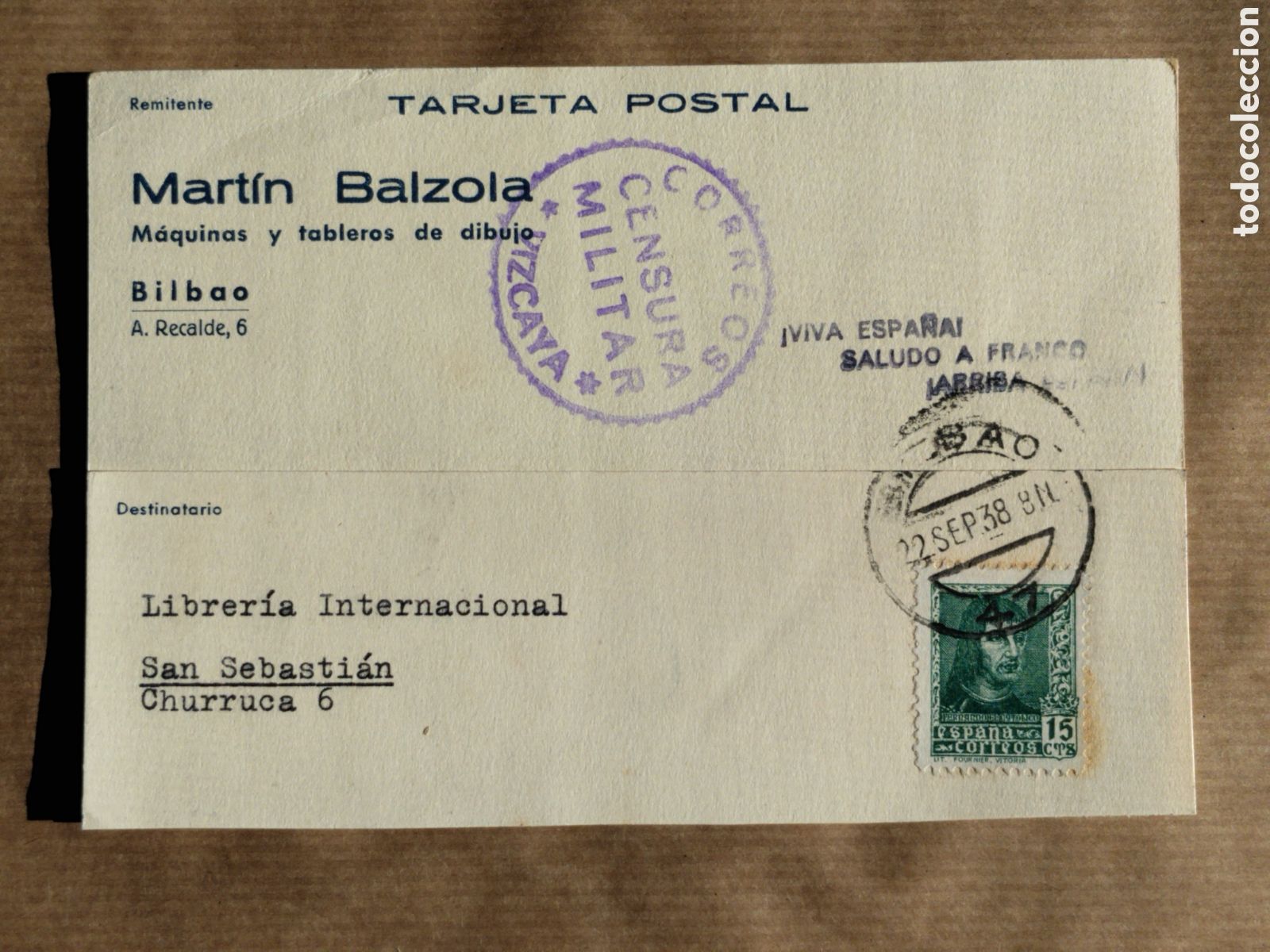 Postales: Postal circulada guerra civil bando nacional.falange.censura militar Vizcaya.vi&ntilde;etas.euskadi.franco