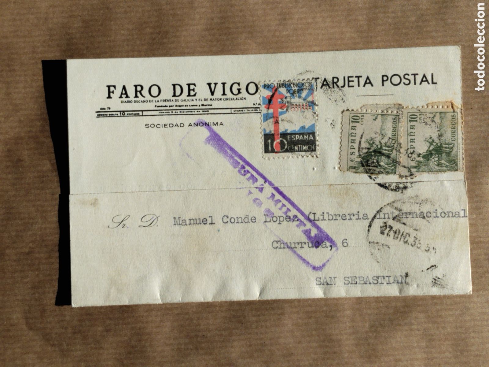 Postales: Postal circulada guerra civil bando nacional.falange.censura militar Vigo.vi&ntilde;etas.galicia.franco
