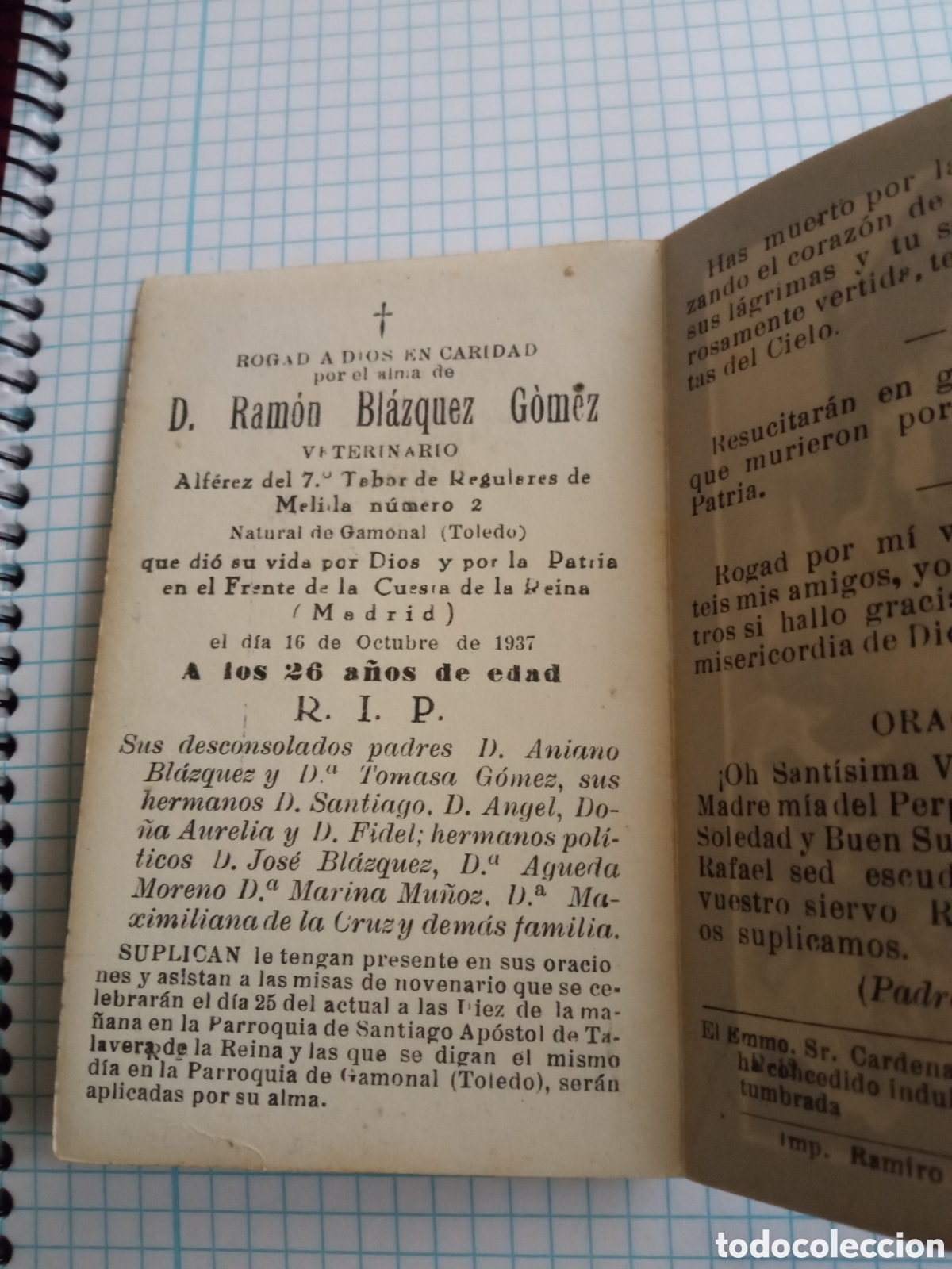 Postales: Antiguo recordatorio mortuorio de la Guerra Civil Espa&ntilde;ola