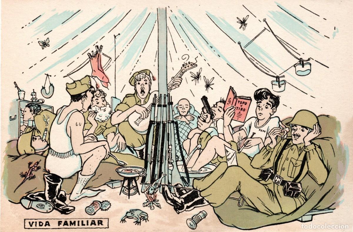 Postales: GUERRA CIVIL ESPA&Ntilde;OLA. 3 TARJETAS SAT&Iacute;RICAS.VIDA FAMILIAR. OBJETIVO LOCALIZADO. DULCE CAMPAMENTO.