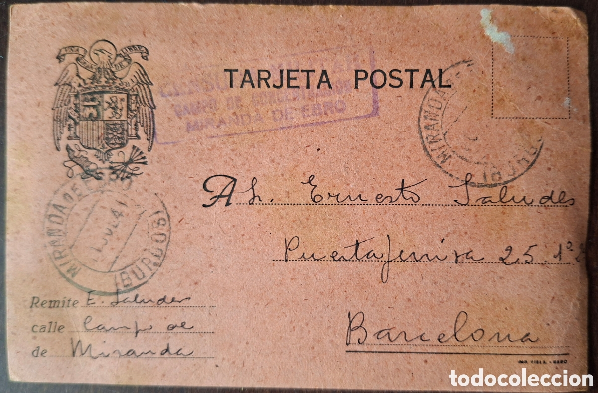 Postales: Tarjeta postal Con censura Campo concentracion Miranda del Ebro a Barcelona