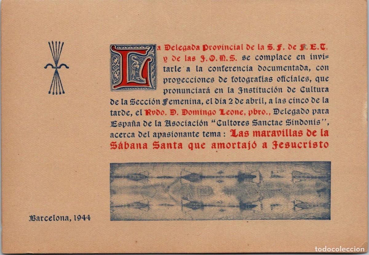 Postales: Barcelona 1944 - Deleg. Prov. S.F. de la F.E.T. y de la J.O.N.S. - Invita Conferencia S&aacute;bana Santa