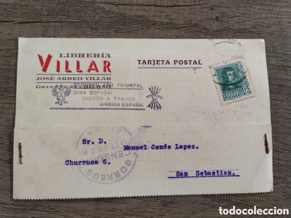 Postkarten: Postal circulada guerra civil bando nacional.falange.censura militar bilbao.vi&ntilde;etas.euskadi.vizcaya