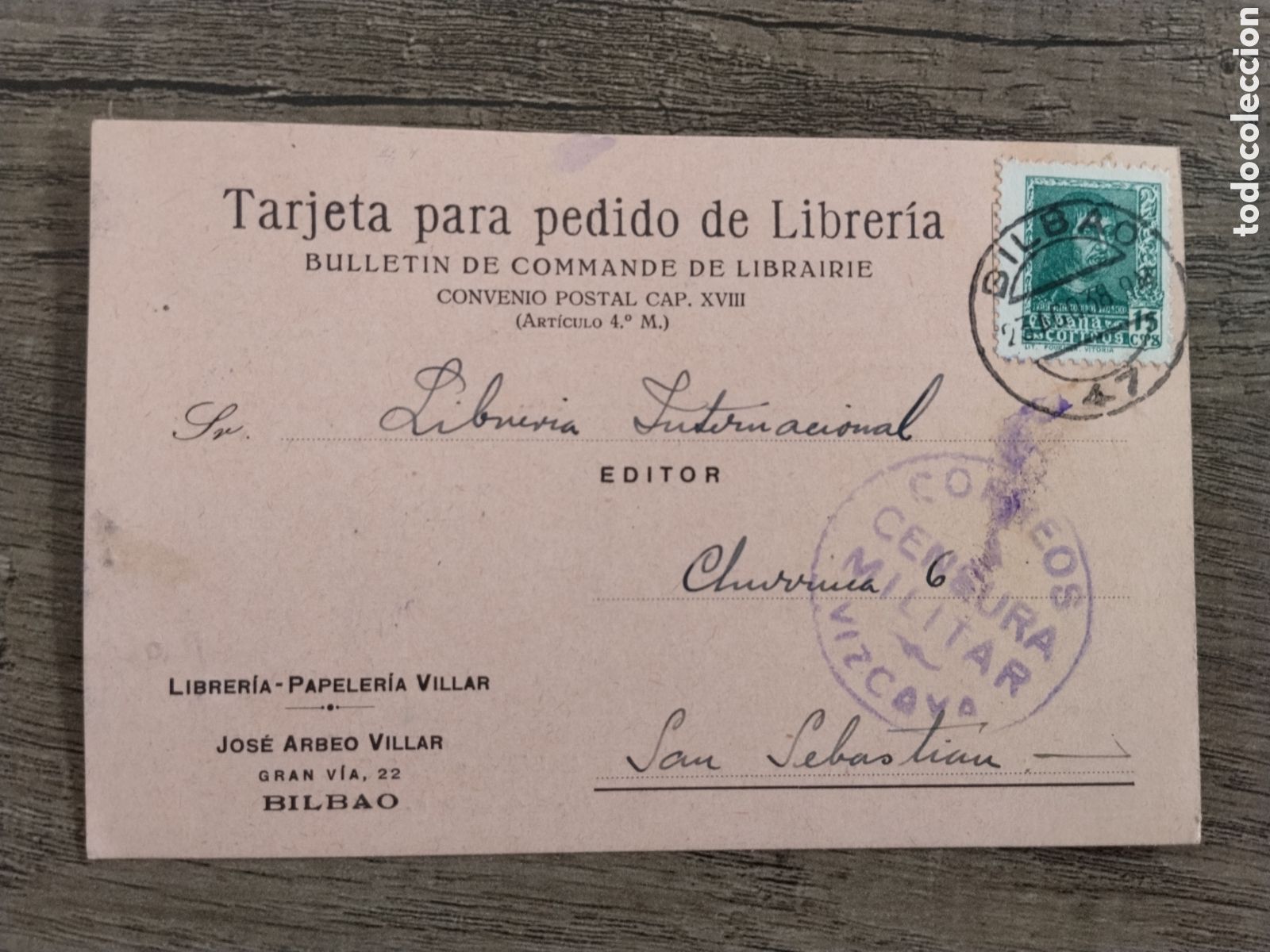 Postcards: Postal circulada guerra civil bando nacional.falange.censura militar Vizcaya.vi&ntilde;etas.euskadi.franco