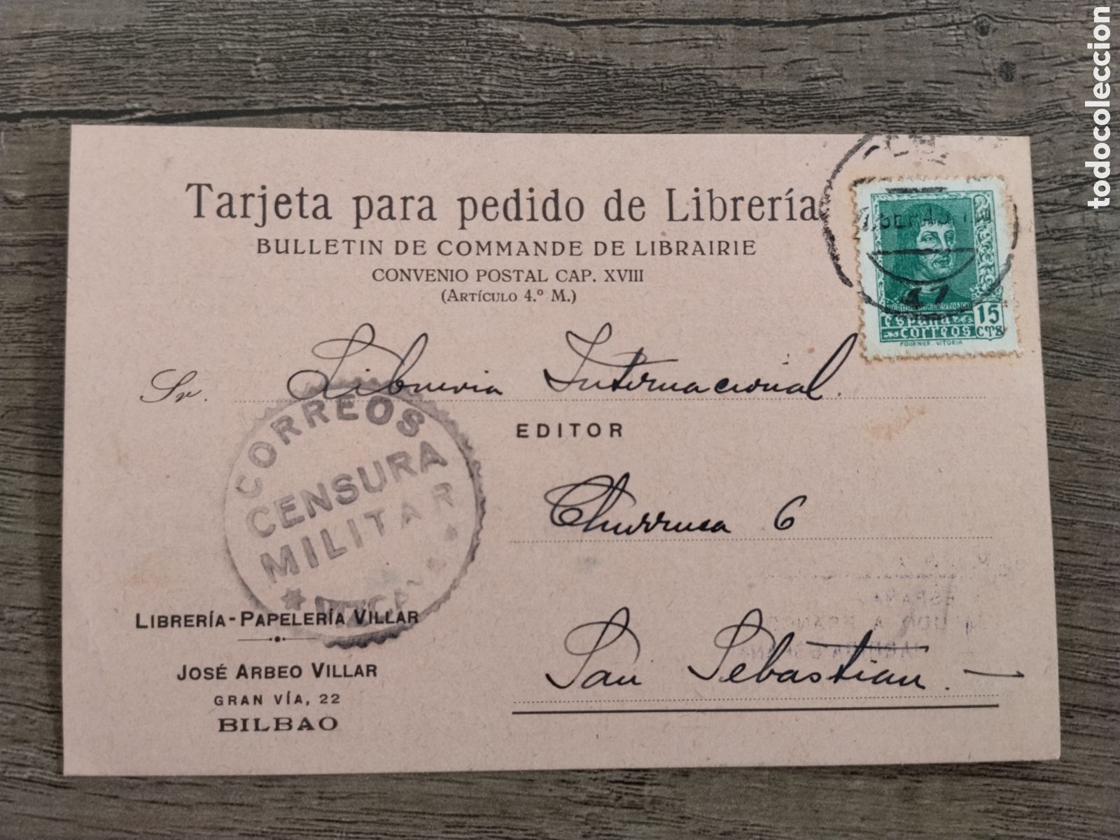 Postkarten: Postal circulada guerra civil bando nacional.falange.censura militar Vizcaya.vi&ntilde;etas.euskadi.franco