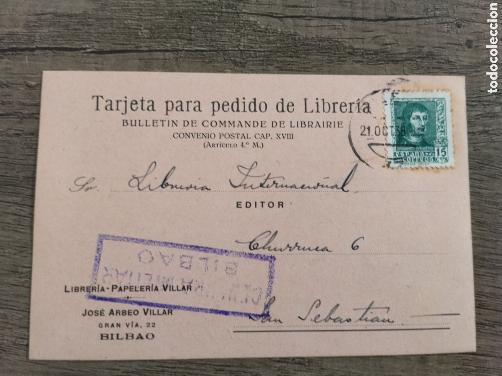 Postkarten: Postal circulada guerra civil bando nacional.falange.censura militar bilbao.vi&ntilde;etas.euskadi.vizcaya