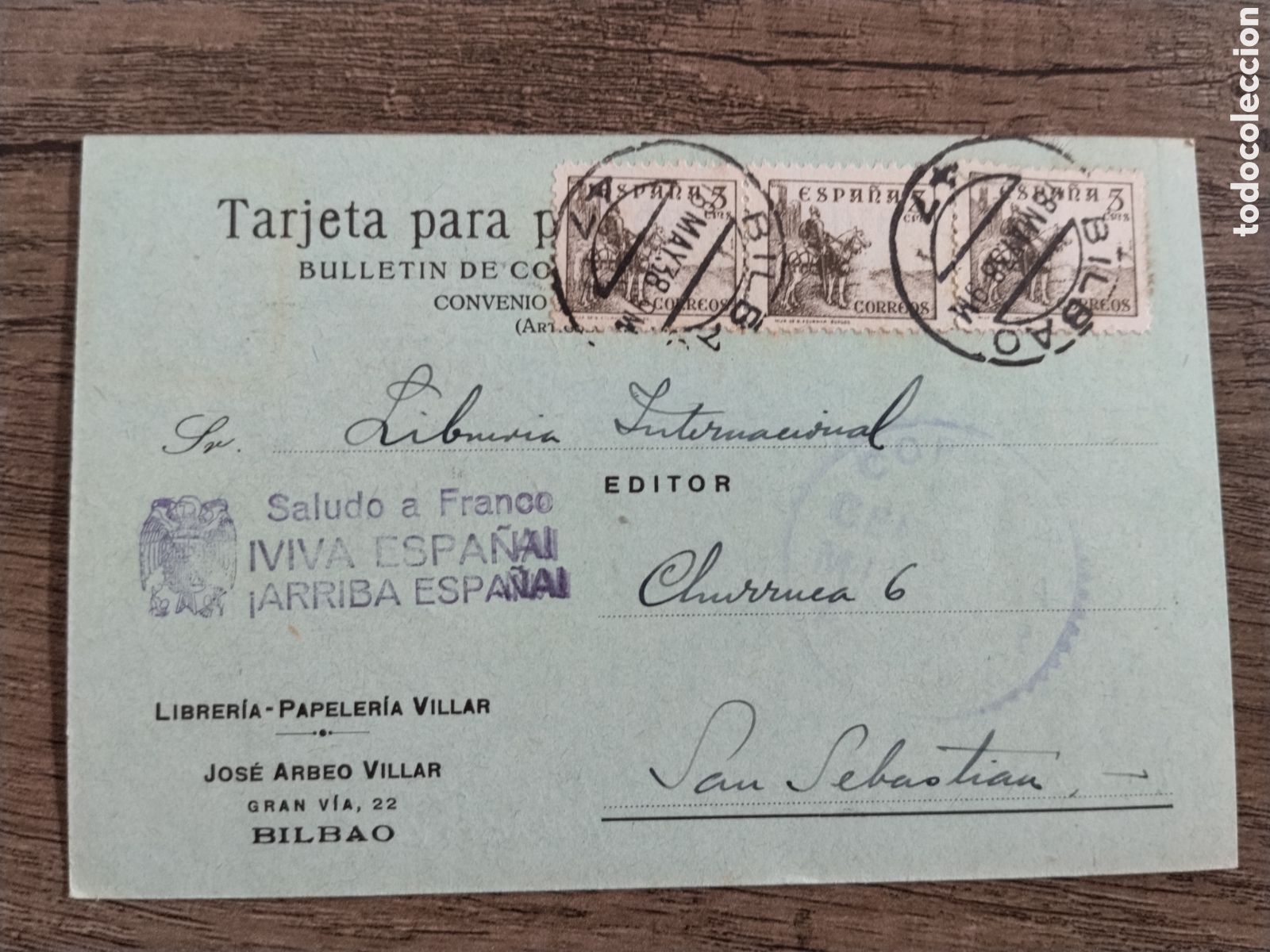 Postkarten: Postal circulada guerra civil bando nacional.falange.censura militar bilbao.vi&ntilde;etas.euskadi.vizcaya
