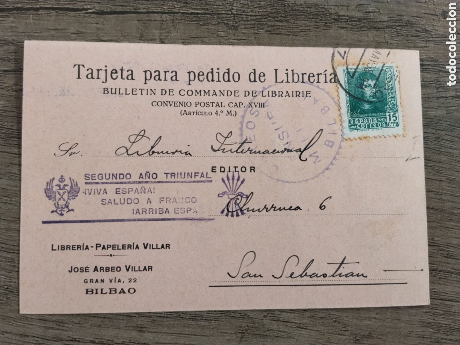Postkarten: Postal circulada guerra civil bando nacional.falange.censura militar bilbao.vi&ntilde;etas.euskadi.vizcaya