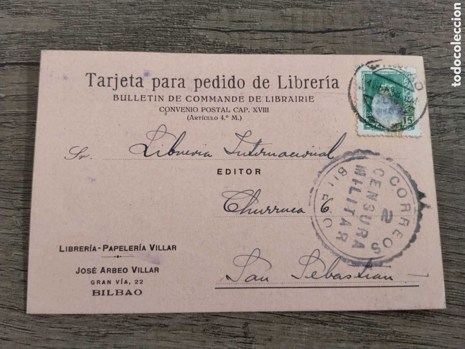 Postkarten: Postal circulada guerra civil bando nacional.falange.censura militar bilbao.vi&ntilde;etas.euskadi.vizcaya