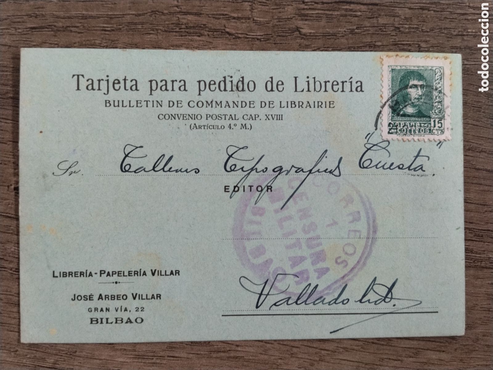 Postkarten: Postal circulada guerra civil bando nacional.falange.censura militar bilbao.vi&ntilde;etas.euskadi.vizcaya