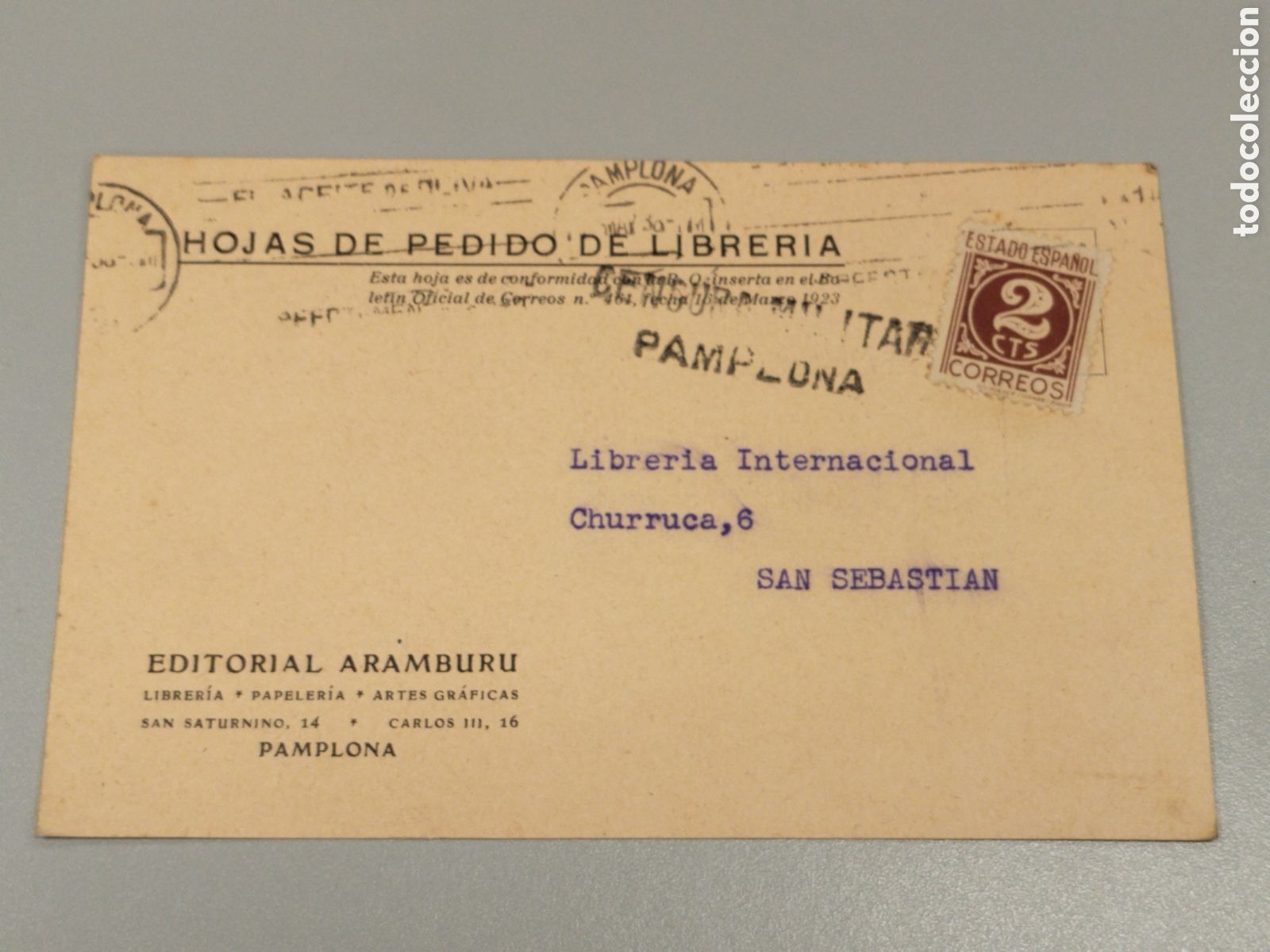 Postales: Postal circulada guerra civil bando nacional.falange.censura militar pamplona.navarra.requete