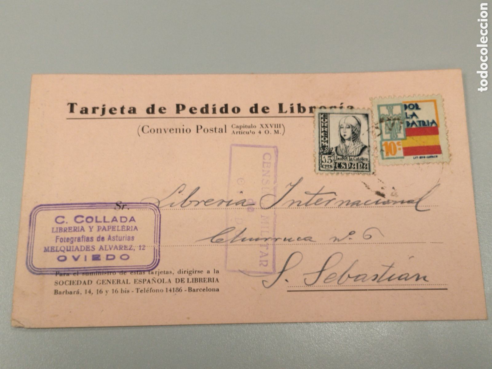 Postales: Postal circulada guerra civil bando nacional.falange.censura militar Oviedo.asturias.requete.gijon