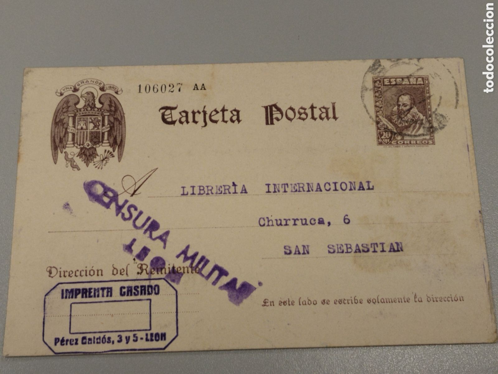 Postales: Postal circulada guerra civil bando nacional.falange.censura militar le&oacute;n.castilla.requete.falangist