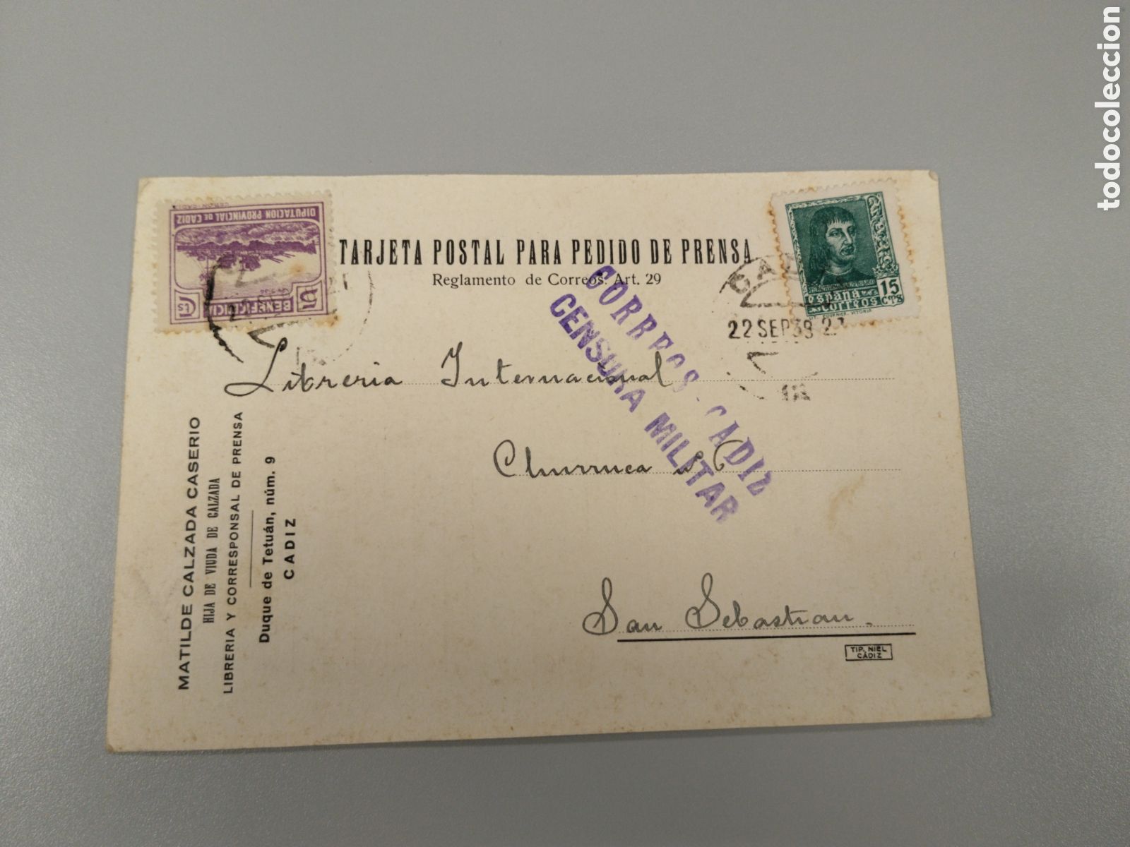 Postales: Postal circulada guerra civil bando nacional.falange.censura militar C&aacute;diz.andalucia.requete.patria