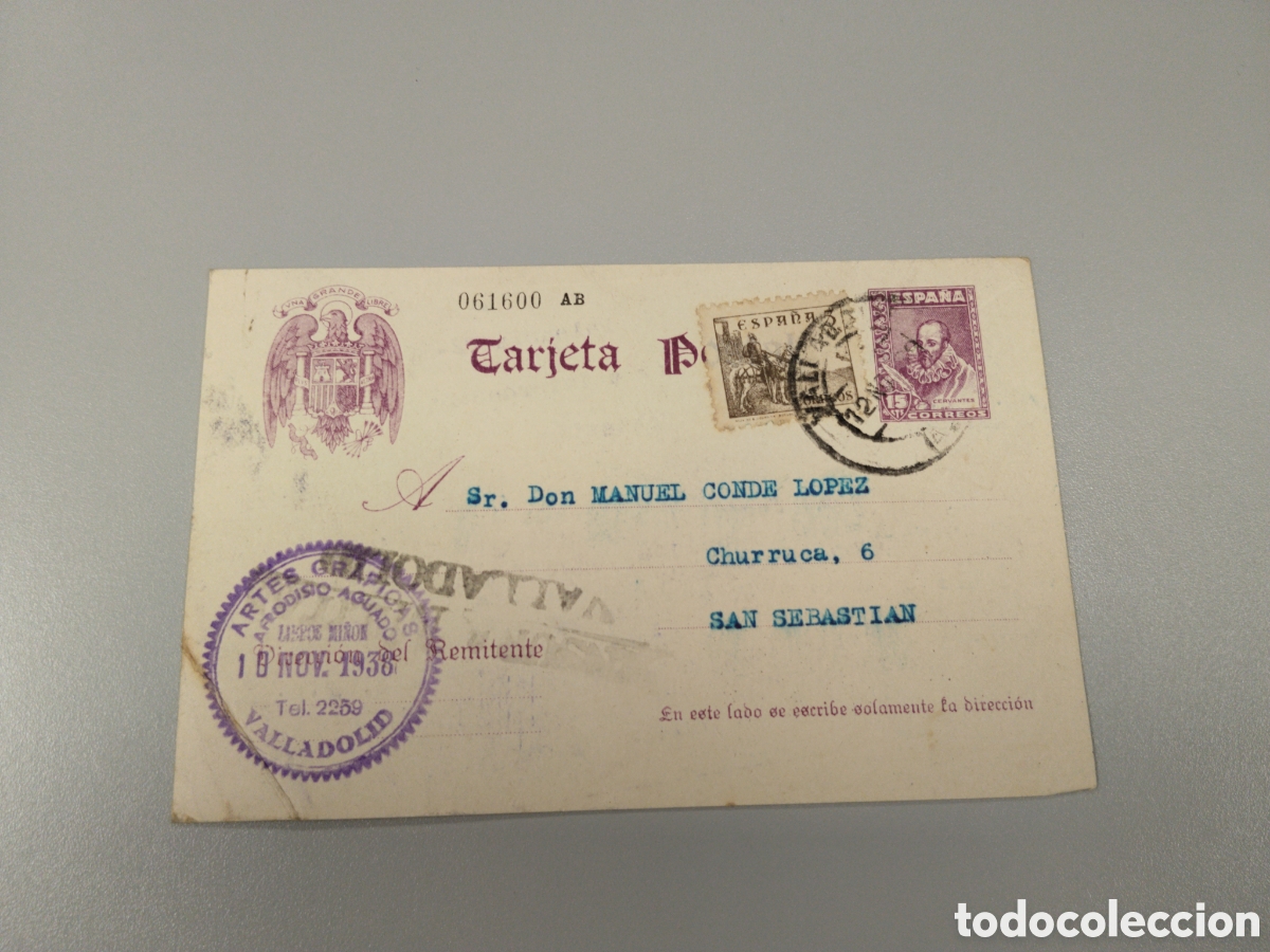 Postales: Postal circulada guerra civil bando nacional.falange.censura militar Valladolid.castilla.requete