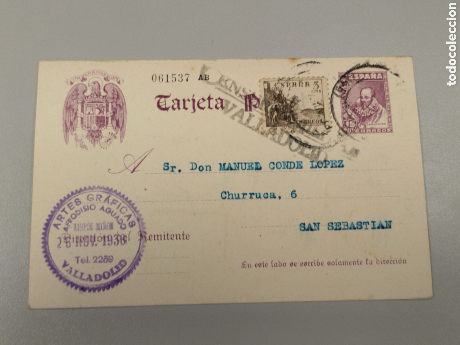 Postales: Postal circulada guerra civil bando nacional.falange.censura militar Valladolid.castilla.requete