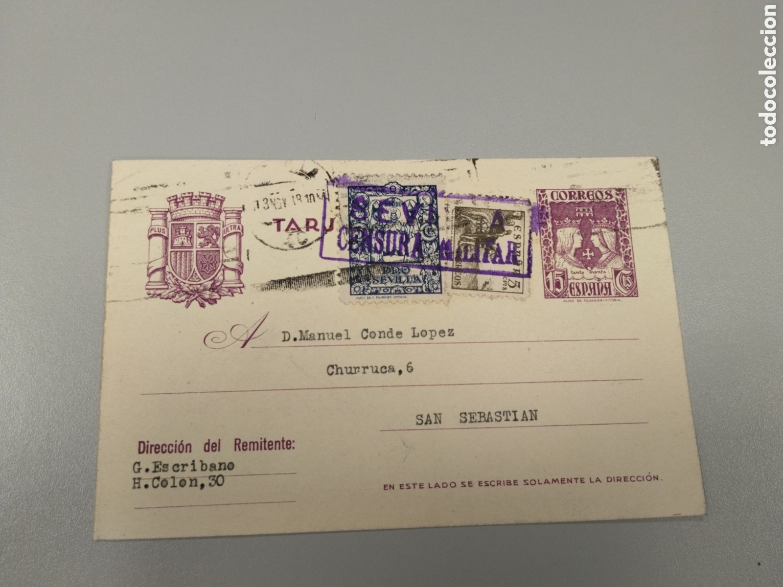 Postales: Postal circulada guerra civil bando nacional.falange.censura militar sevilla.andalucia.requete