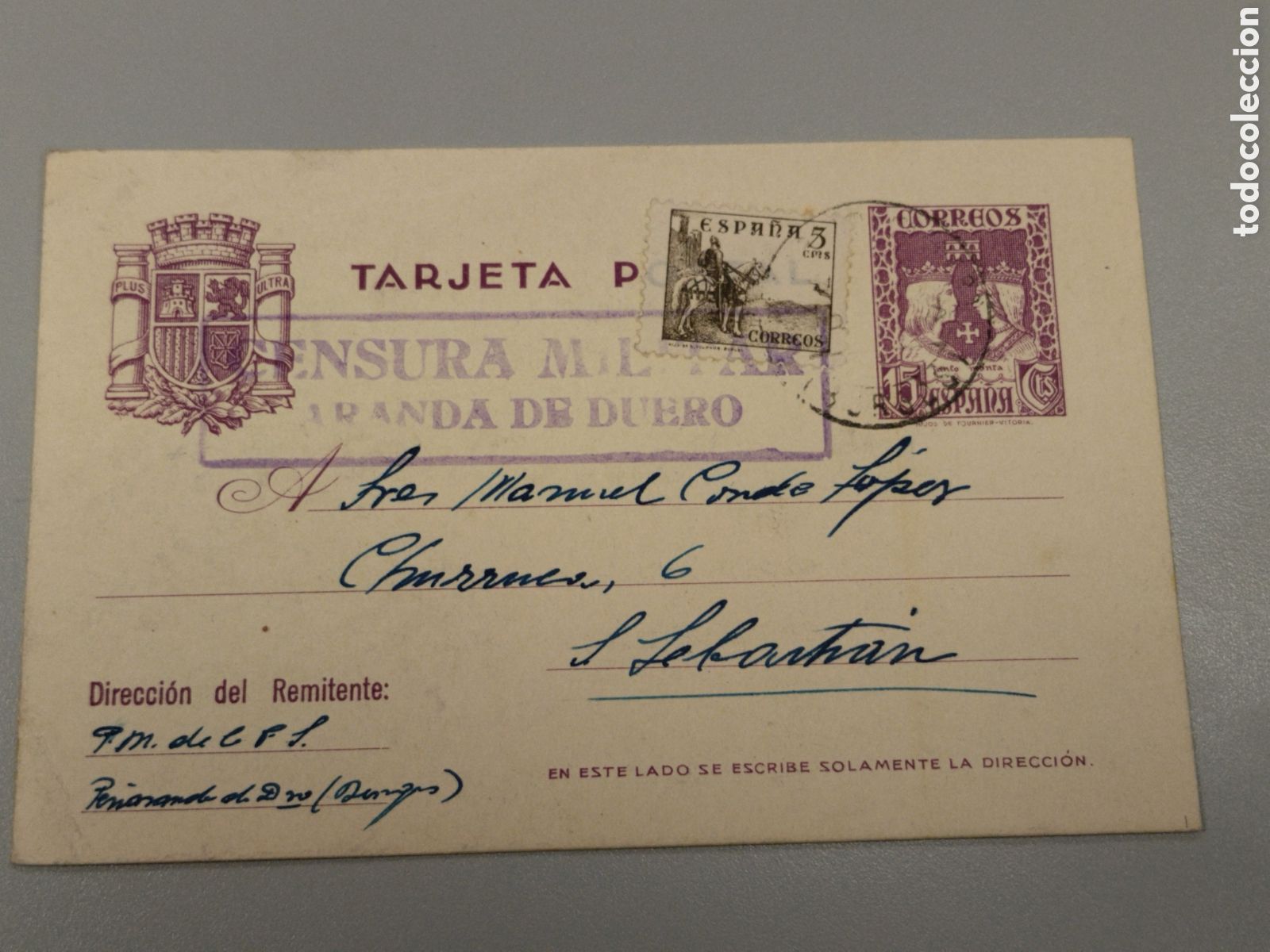 Postales: Postal circulada guerra civil bando nacional.falange.censura militar Aranda de duero.burgos.requete
