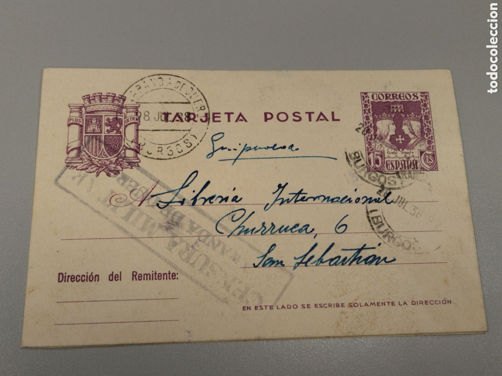 Postales: Postal circulada guerra civil bando nacional.falange.censura militar Aranda de duero.burgos.requete