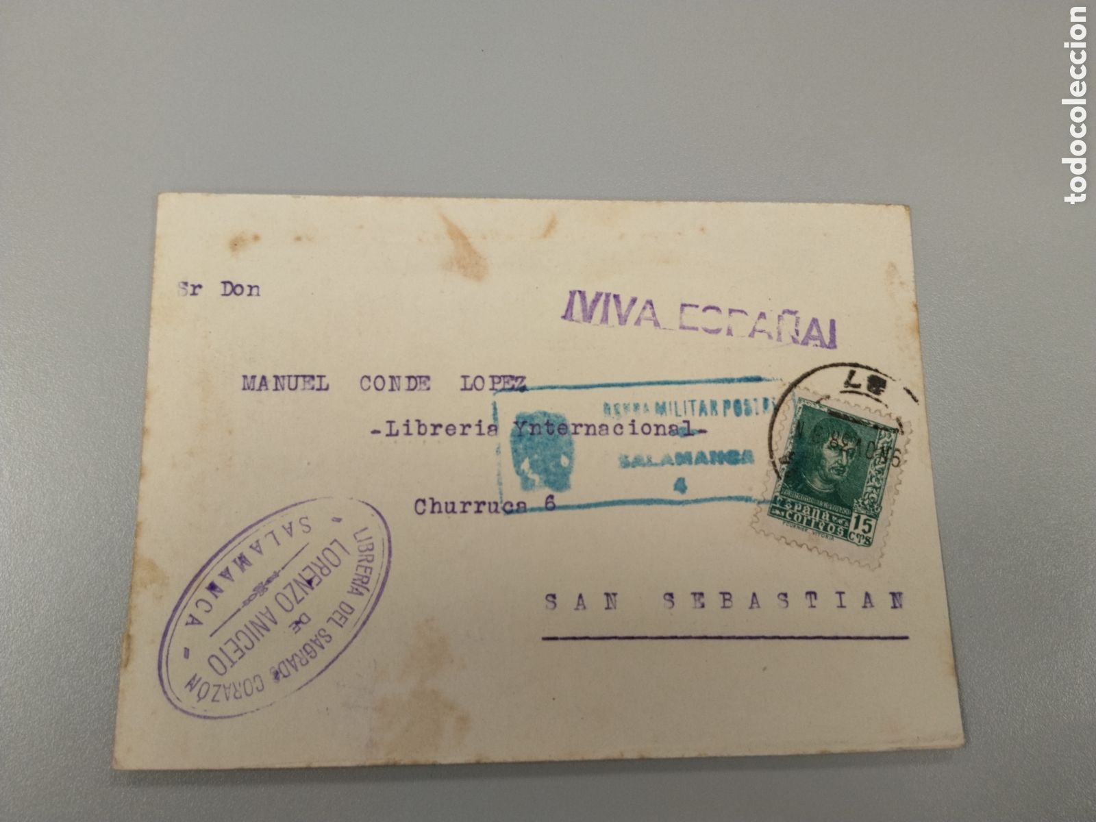 Postales: Postal circulada guerra civil bando nacional.falange.censura militar Salamanca.castilla.requete