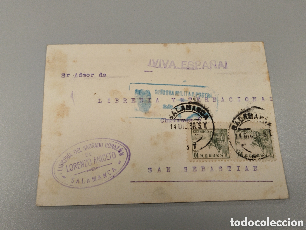 Postales: Postal circulada guerra civil bando nacional.falange.censura militar Salamanca.castilla.requete