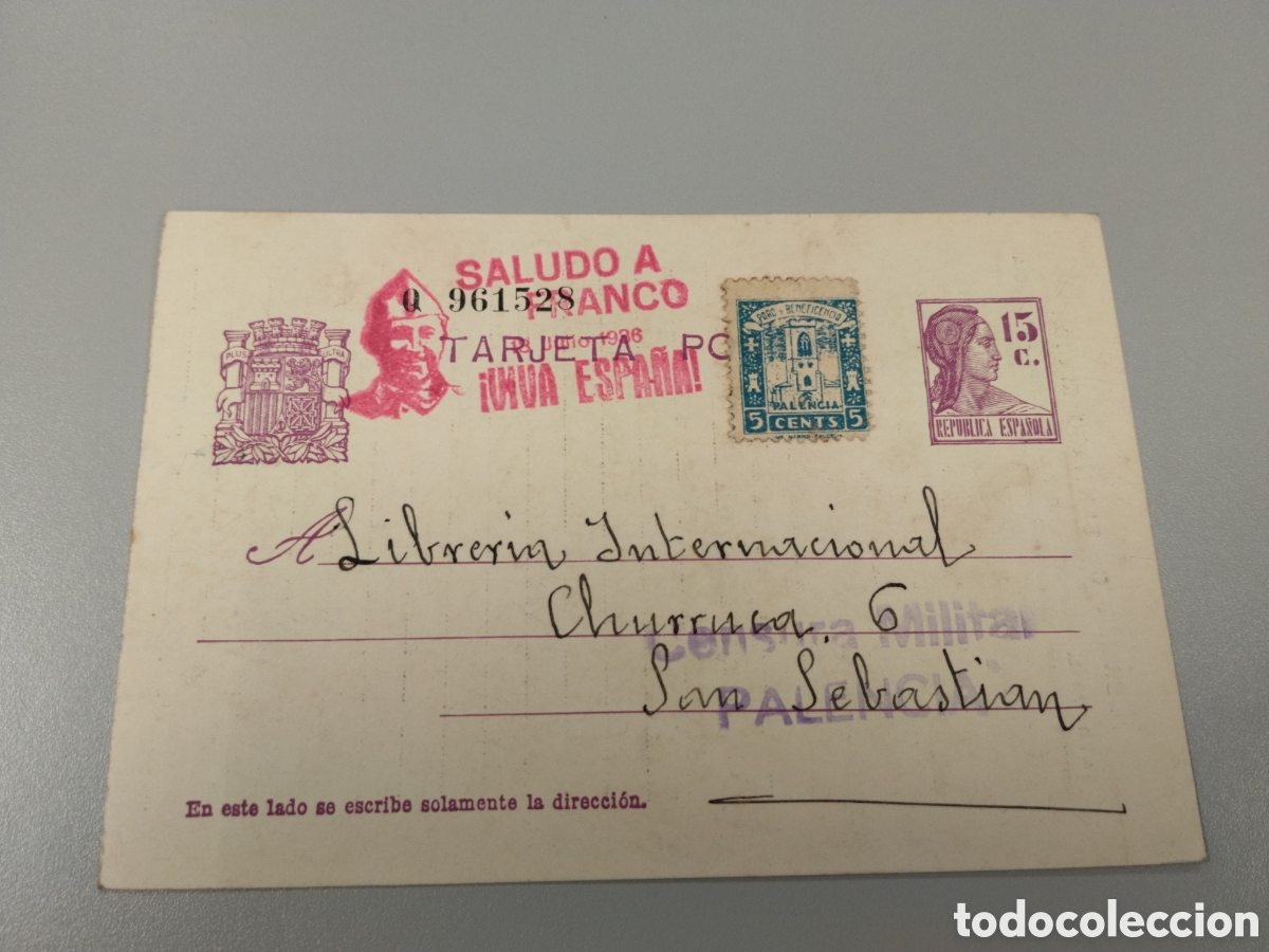 Postales: Postal circulada guerra civil bando nacional.falange.censura militar Palencia.castilla.requete