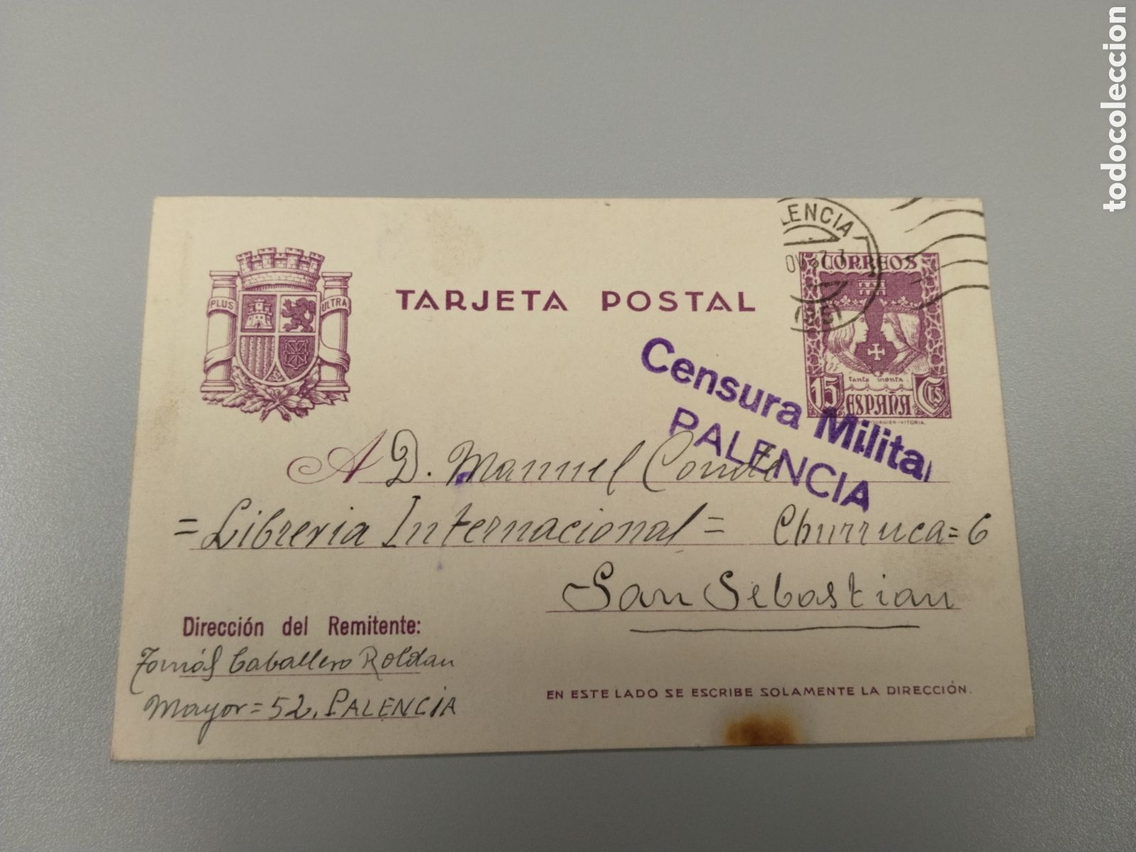 Postales: Postal circulada guerra civil bando nacional.falange.censura militar Palencia.castilla.requete