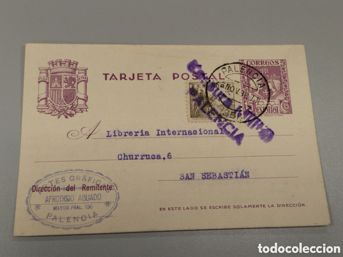 Postales: Postal circulada guerra civil bando nacional.falange.censura militar Palencia.castilla.requete