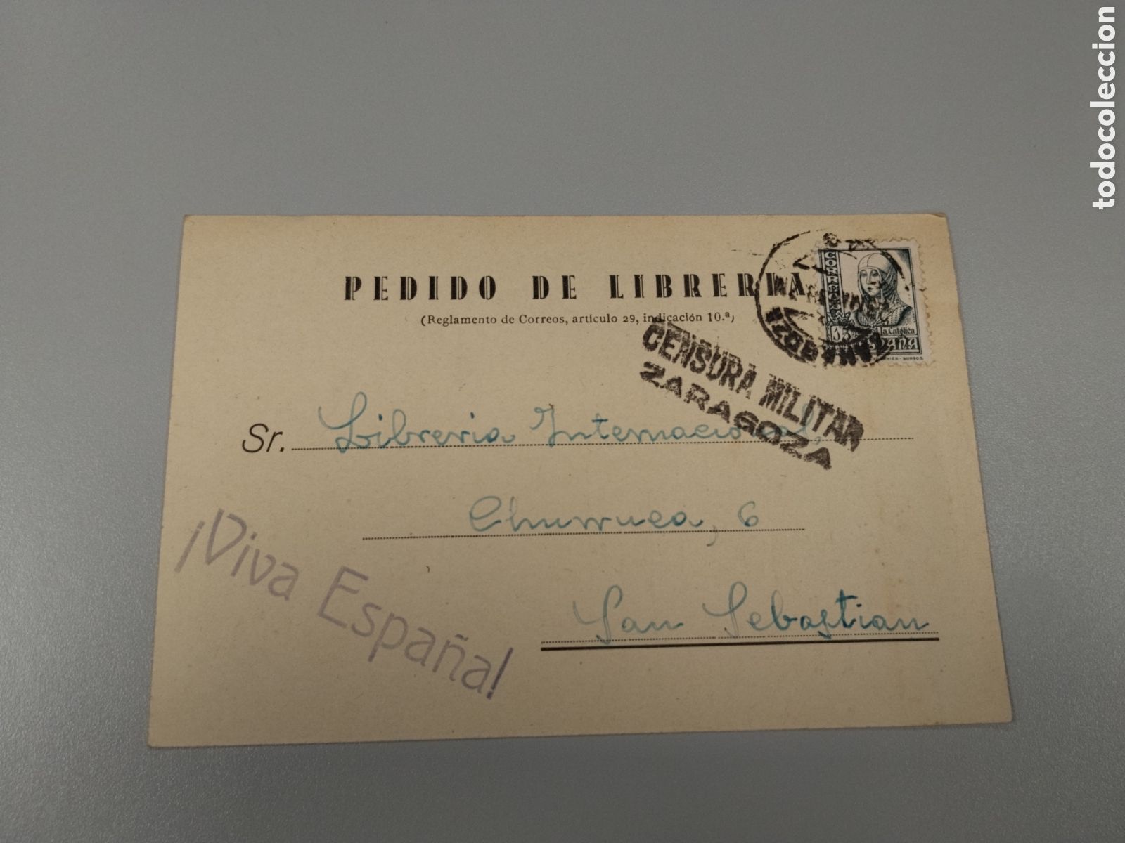 Postales: Postal circulada guerra civil bando nacional.falange.censura militar Zaragoza.aragon.teruel.requete