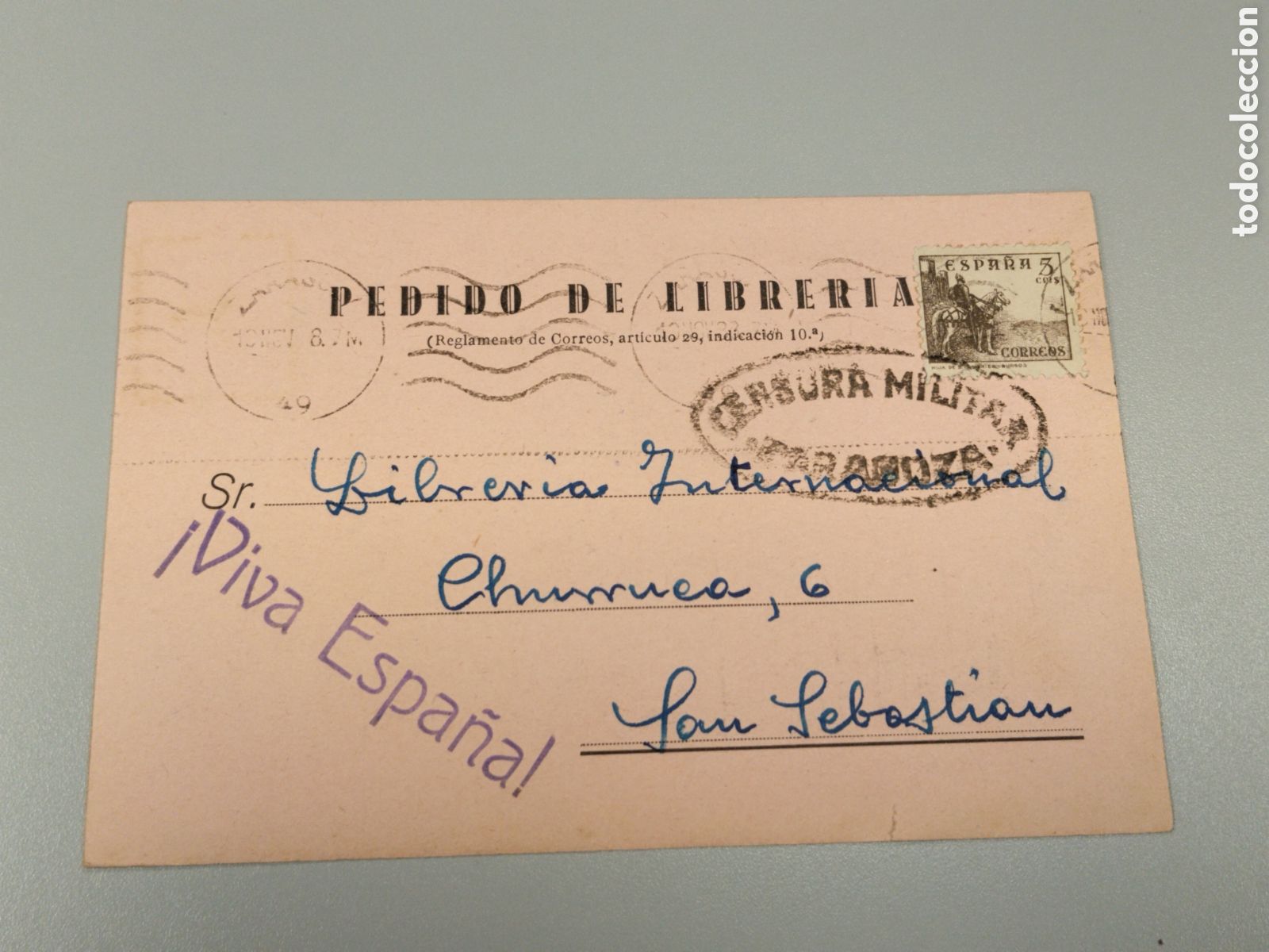 Postales: Postal circulada guerra civil bando nacional.falange.censura militar Zaragoza.aragon.teruel.requete