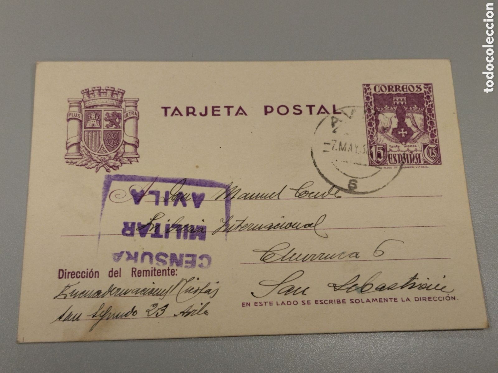 Postales: Postal circulada guerra civil bando nacional.falange.censura militar &Aacute;vila.castilla.leon.requete