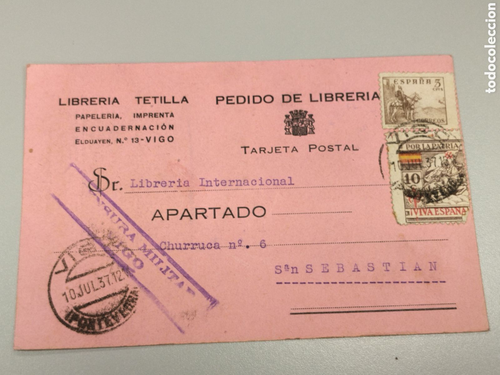 Postales: Postal circulada guerra civil bando nacional.falange.censura militar vigo.galicia.a Coru&ntilde;a.requete