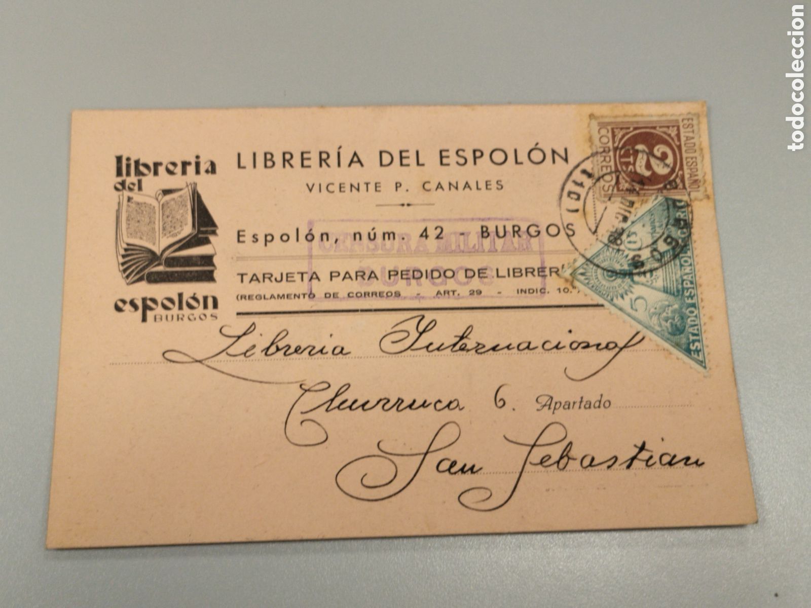 Postales: Postal circulada guerra civil bando nacional.falange.censura militar burgos.castilla.avila.requete