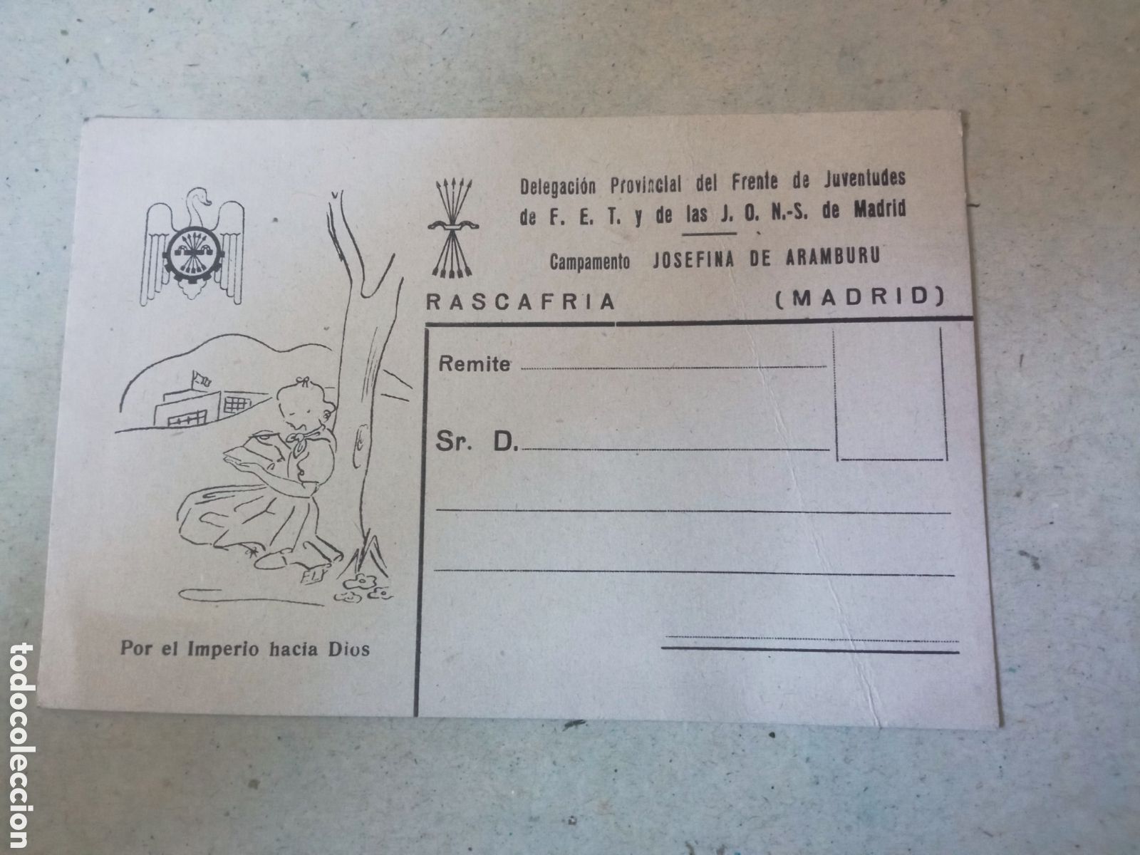 Postales: Antigua tarjeta, Frente de Juventudes, Campamento Josefina Aramburu, Rascafria