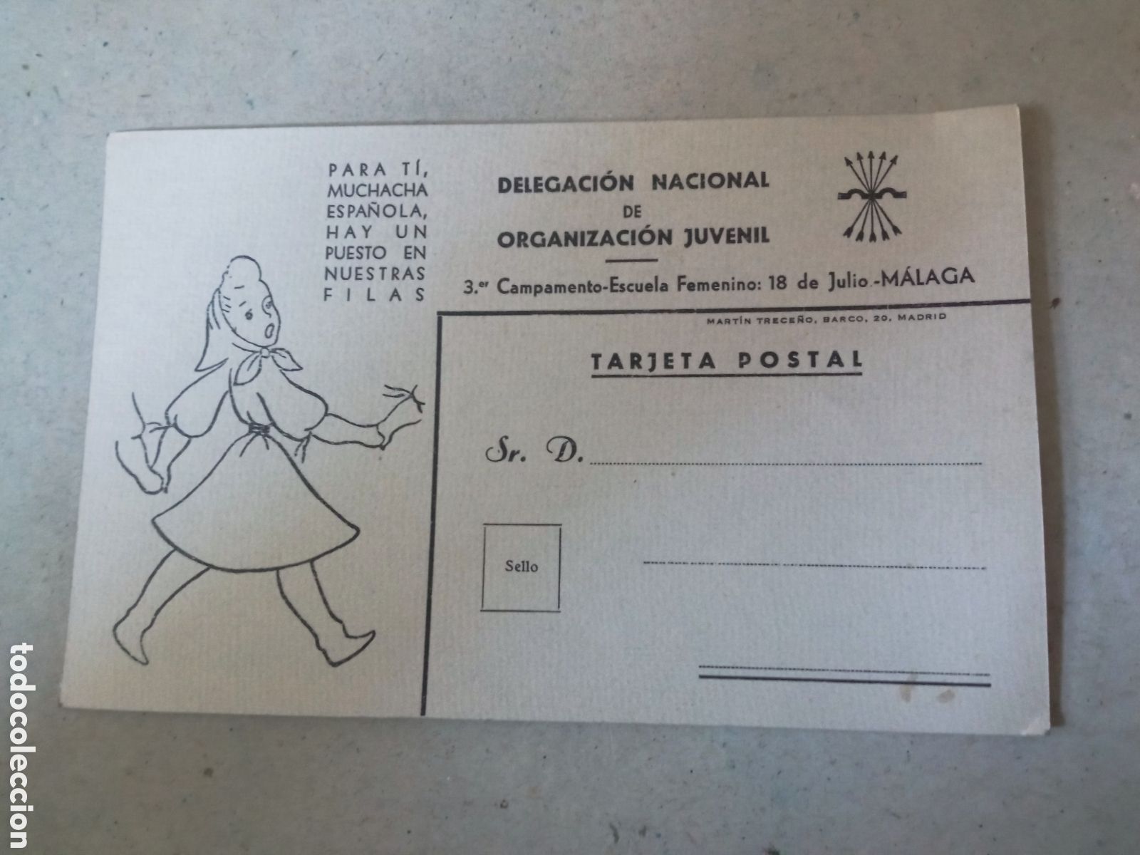 Postales: Antigua tarjeta, Delegaci&oacute;n Nacional de Organizaci&oacute;n Juvenil, Campamento Femenino, M&aacute;laga