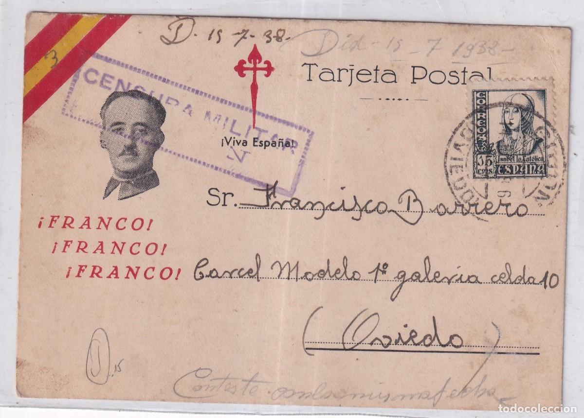 Postales: Postal patri&oacute;tica. Franco. Orden de Santiago. Censura militar 1939 C&aacute;rcel modelo Oviedo