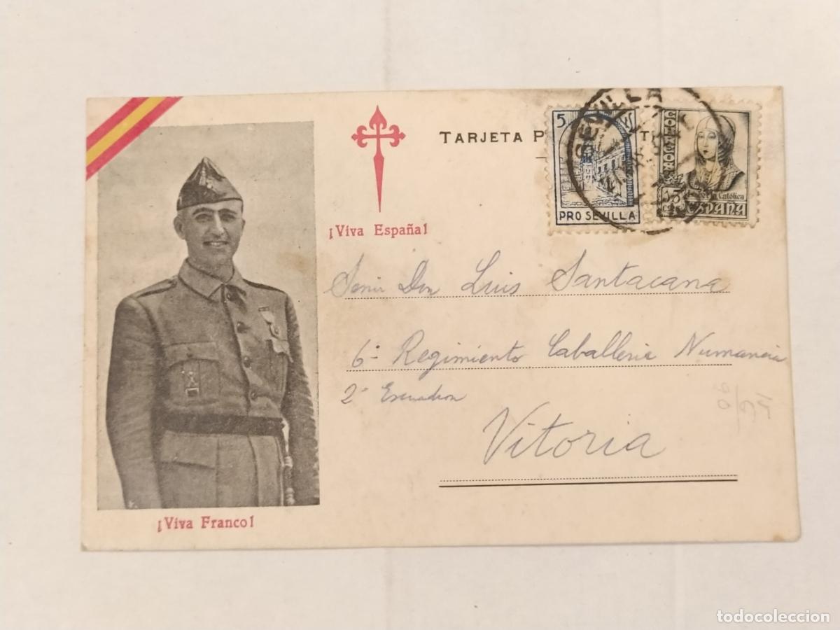 Postales: GUERRA CIVIL - VIVA FRANCO - CIRCULADA A&Ntilde;O 1937 DE SEVILLA A VITORIA - POSTAL ANTIGUA