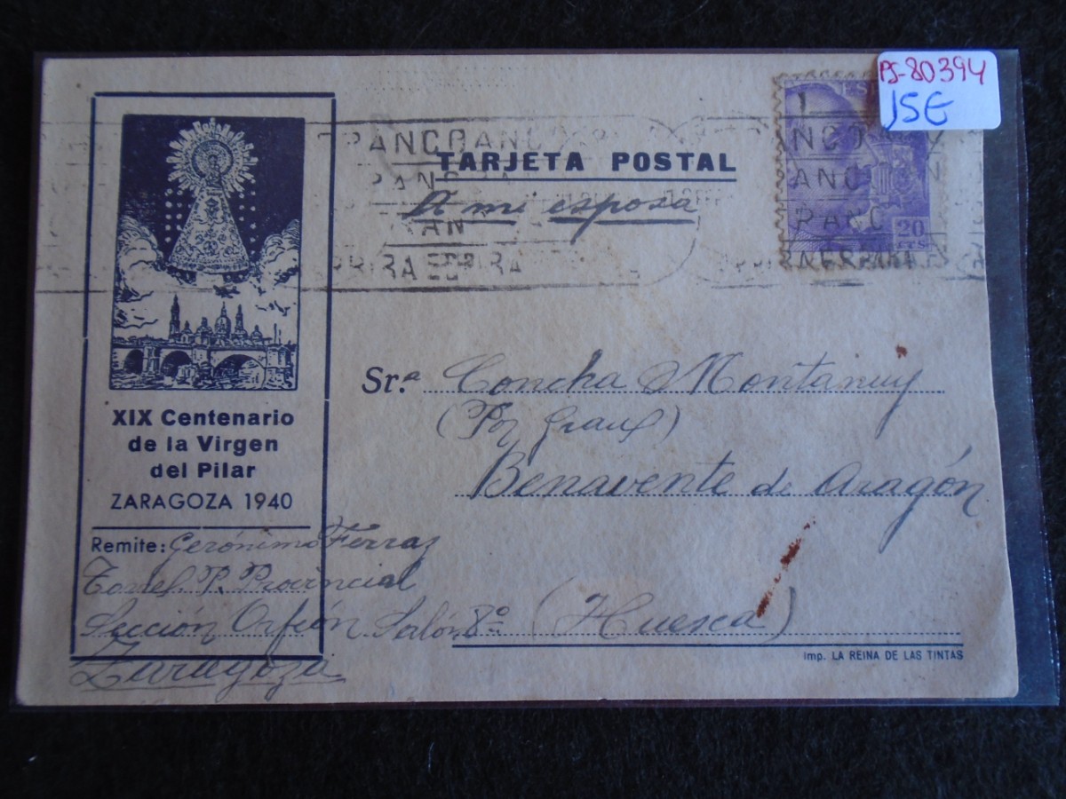 Postkarten: (PS-80394)TARJETA POSTAL PRISION PROVINCIAL SEC.ORFEON(ZARAGOZA)-DESTINO BENAVENTE DE ARAGON(HUESCA)