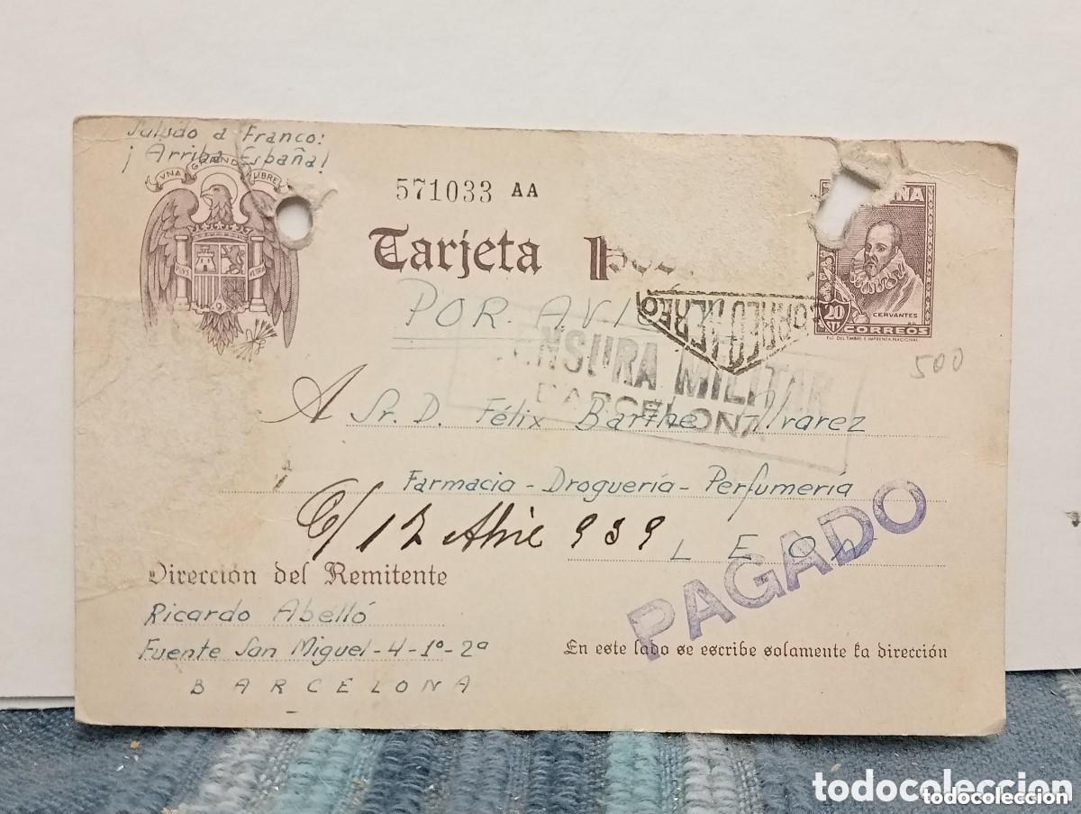 Postcards: TARJETA POSTAL CENSURA MILITAR. BARCELONA 1939. SOLDADO DE FRANCO. FARMACIA DROGUERIA. AGUILA