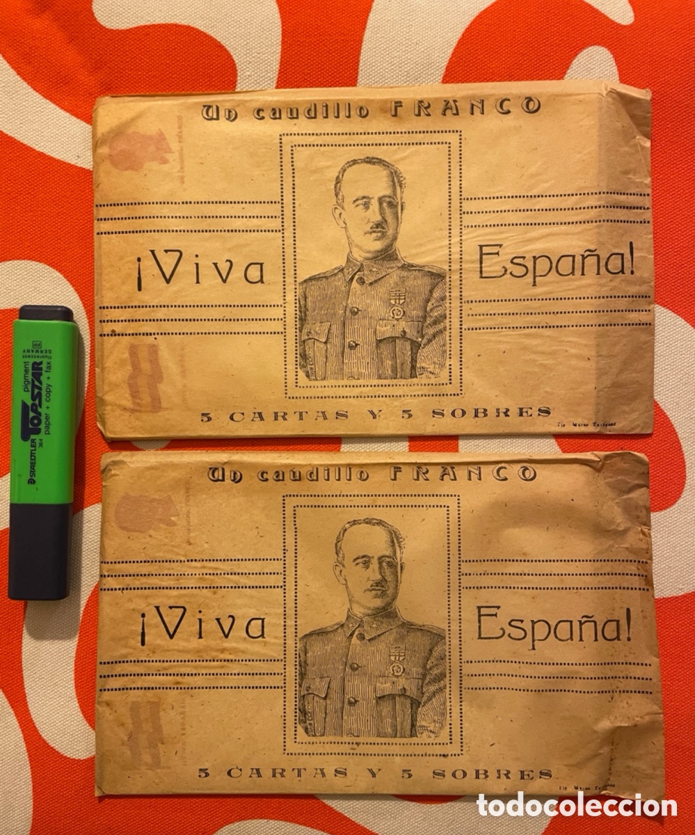 Postales: 2 paquetes con envoltorio original de 5 cartas y 5 sobres de la serie: Un caudillo Franco