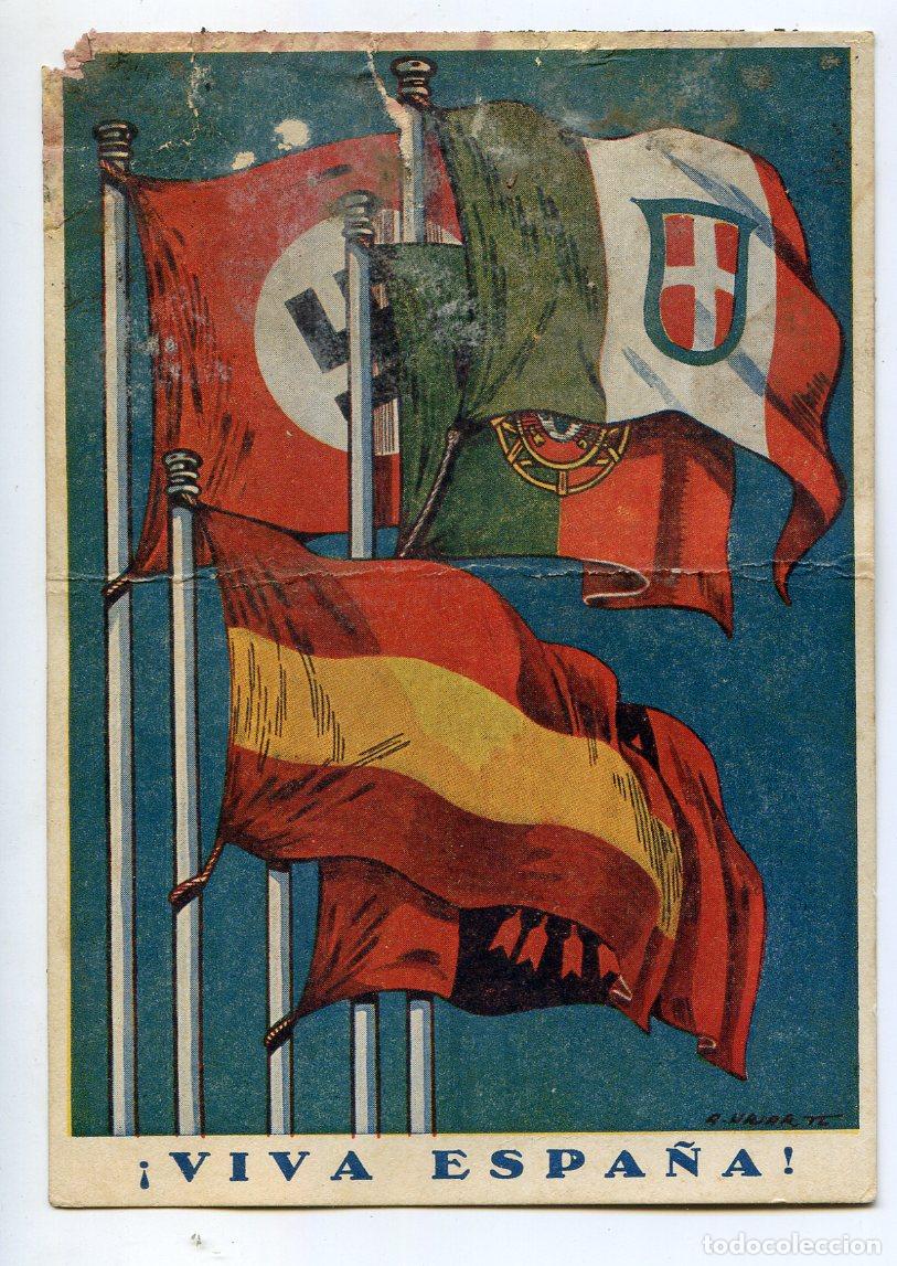 Postais: Postal guerra civil con banderas Espa&ntilde;a, Falange, Alemania, Italia y Portugal, escrita enero 1939