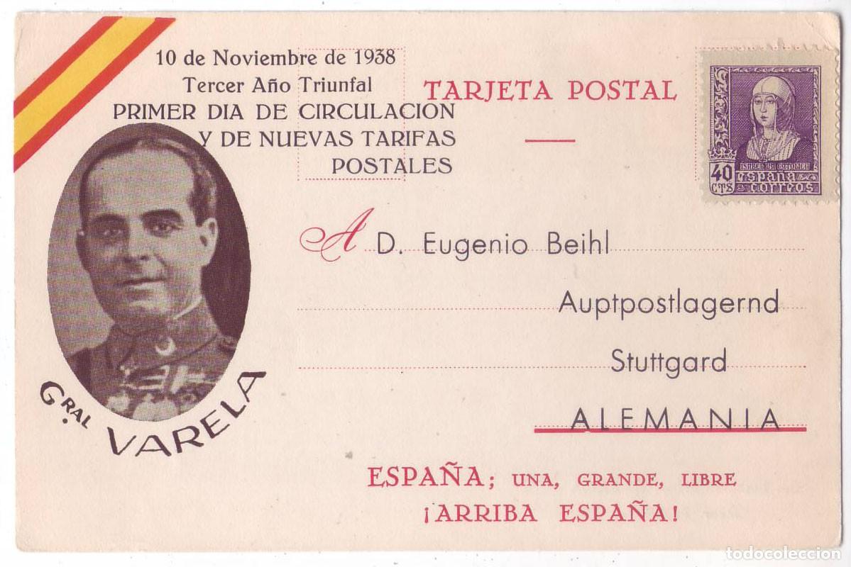 Postales: Tarjeta Postal Patri&oacute;tica General Varela. Tercer A&ntilde;o Triunfal. Ed. Juan Marra - M&aacute;laga (1938)
