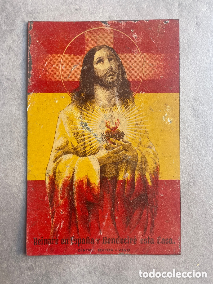 Postales: Placa met&aacute;lica. Tama&ntilde;o postal. Coraz&oacute;n de Jes&uacute;s. Reinar&aacute; en Espa&ntilde;a y bendecir&aacute; esta casa.